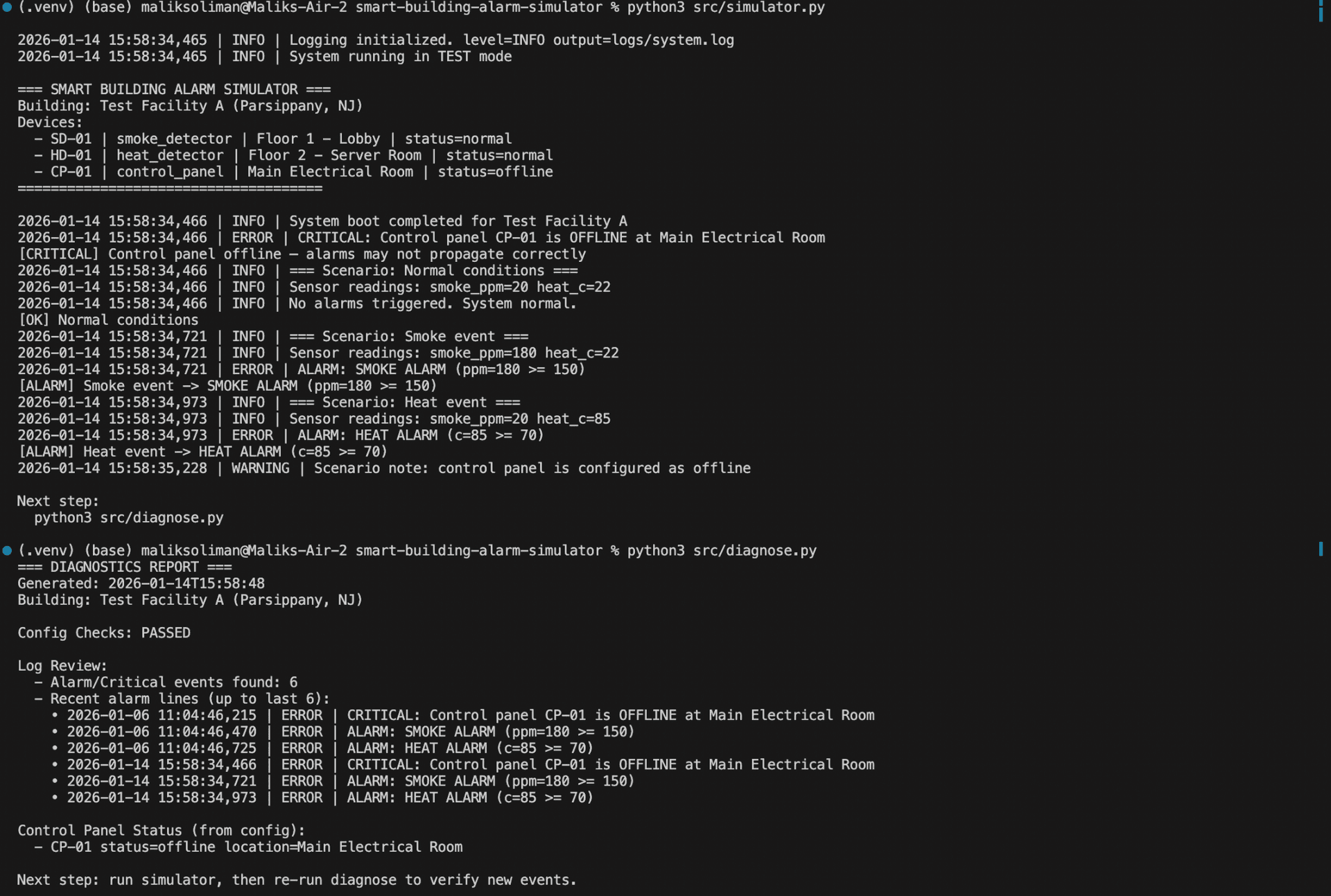 Smart Building Alarm Simulator terminal output and diagnostics
