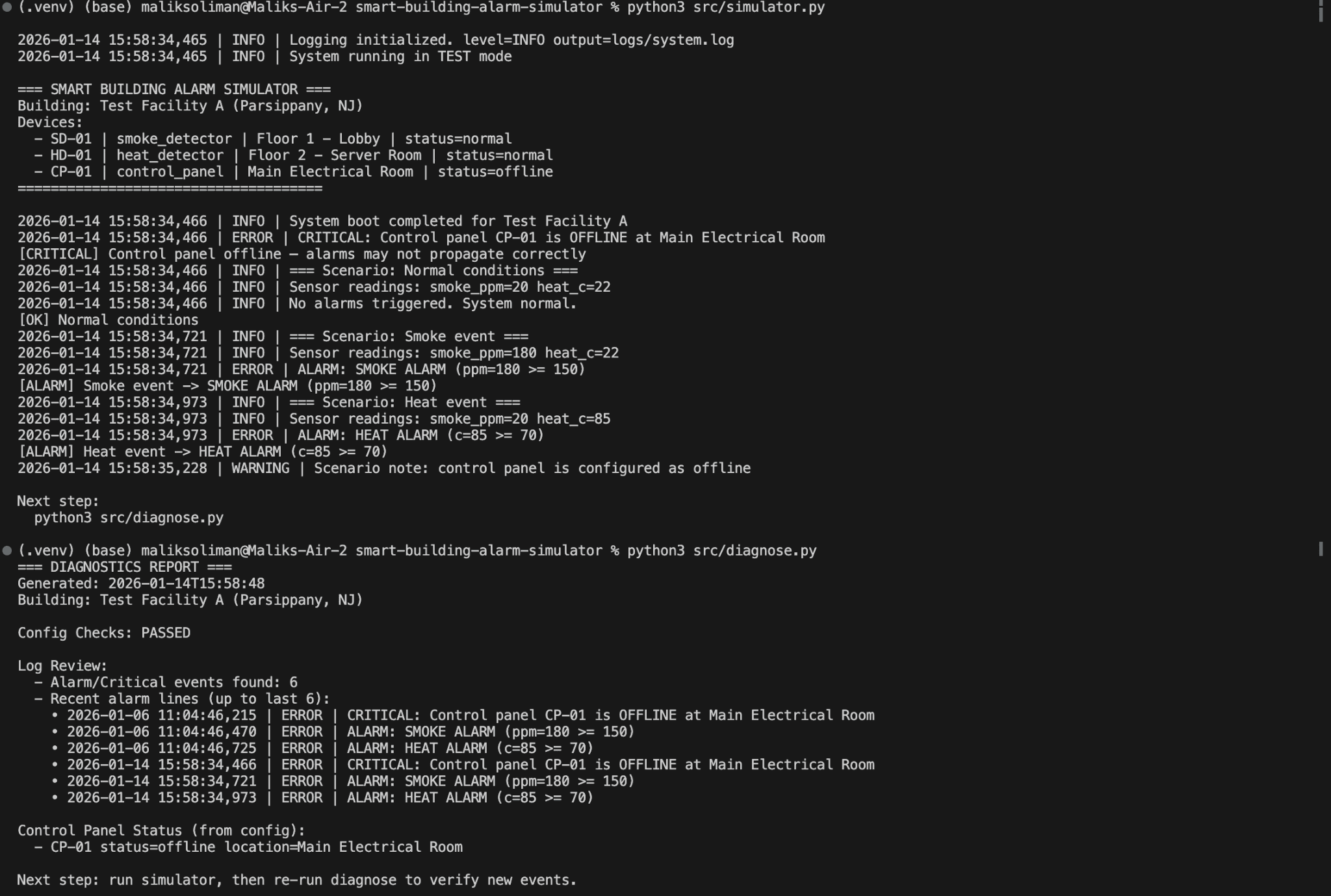 Smart Building Alarm Simulator terminal output and diagnostics